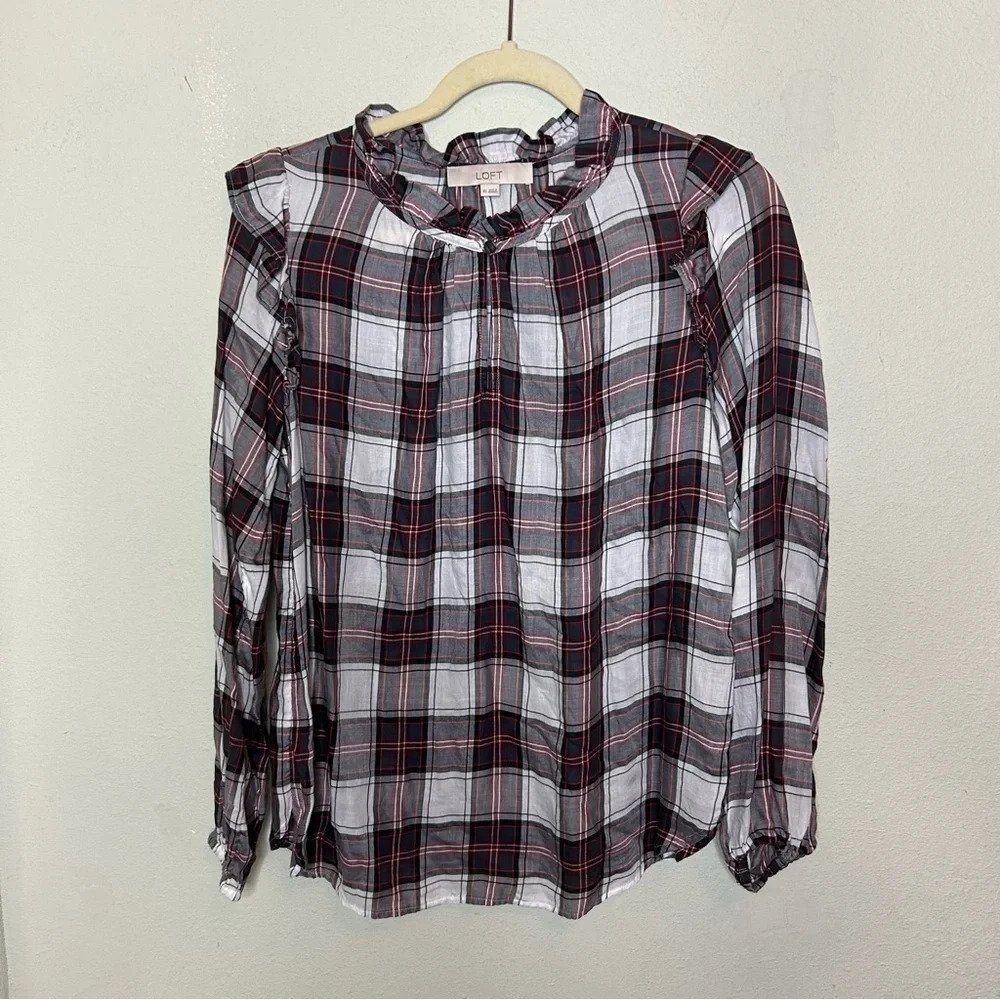 LOFT Plaid Blouse - Black, White, Red